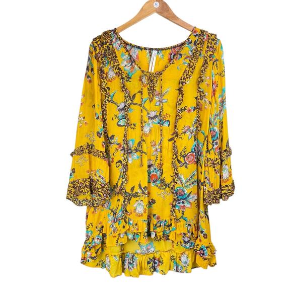 Anthropologie Marigold Yellow Bright Floral Ruffle V-neck Sheer Tunic Blouse - Picture 8 of 15